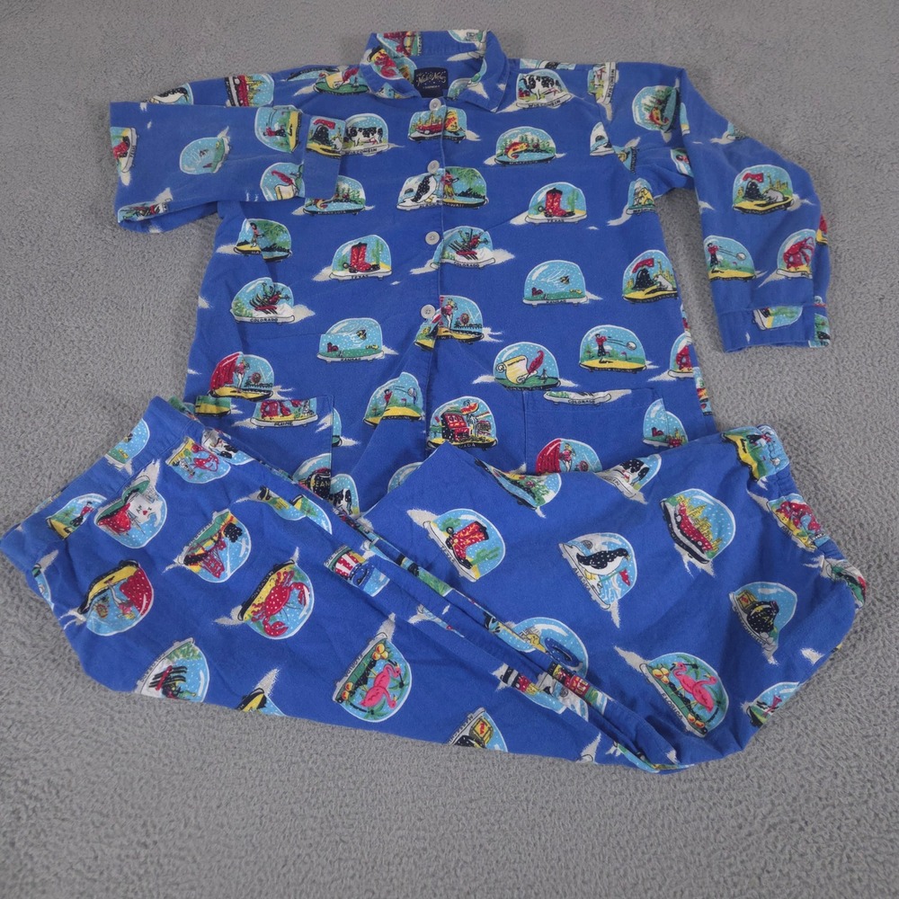 VINTAGE Nick & Nora Pajama Set Womens XXL Snow Globe Print Cotton Flannel 90s